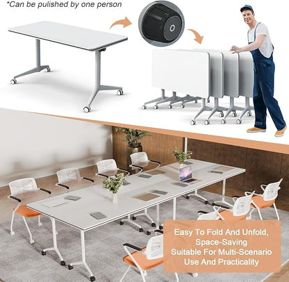 Folding Conference Table,Movable Conference Room Table with Wheels,White Wood Rectangular Conference Table with Modern Business Style,Modular Meeting Training Tables for Office Classroom(6,55.1'')