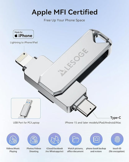 MFi Certified Flash Drive 256GB for iPhone USB Memory Stick, USB Stick High Speed Thumb Drives Photo Stick External Storage for iPhone/iPad/Android/PC