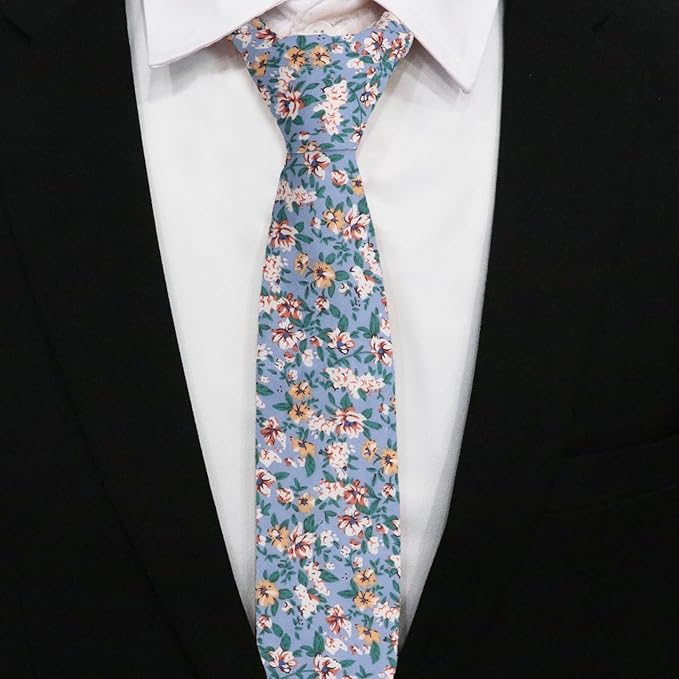 Cotton Floral Ties for Men 2.76" Men's Skinny Tie Linen Flower Printed Neck Tie for Wedding Dating Party
