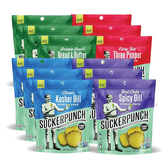 SuckerPunch Pickles in a Pouch, 4-Flavor Variety Pack, Gluten Free, Kosher, Sugar Free, Low Calorie, Keto, Vegan, Non-GMO, Ready to Eat, On-the-Go, 3.4 Oz Single Serve Pouches