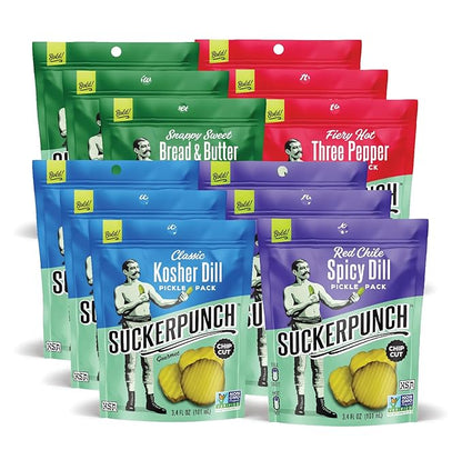 SuckerPunch Pickles in a Pouch, 4-Flavor Variety Pack, Gluten Free, Kosher, Sugar Free, Low Calorie, Keto, Vegan, Non-GMO, Ready to Eat, On-the-Go, 3.4 Oz Single Serve Pouches