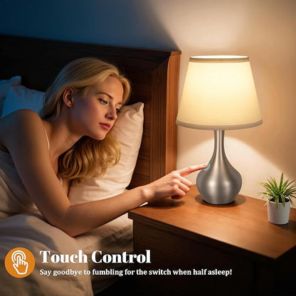 Seealle Touch Table Lamps for Bedroom Set of 2,3-Way Dimmable Small Bedside Lamps for Night Stands with Wires, Silver Desk Lamps for Kids Room,Office,Living Room, End Table(LED Bulbs Included)