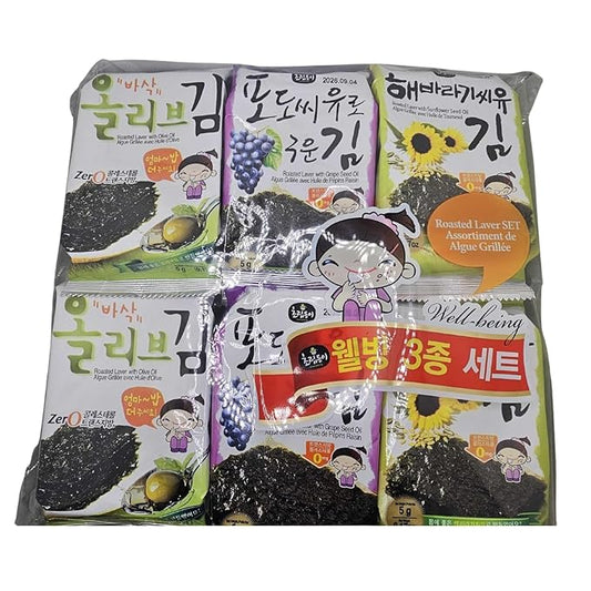 Korean Food Mixed Roasted Seaweed Snack Set, 12 Packs (0.17oz Each) – Olive, Grape Seed & Sunflower Seed Oil Laver – Korean Nori Snack, Crispy & Light