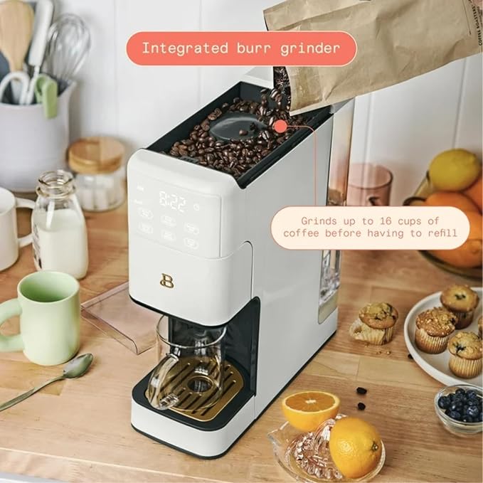 Beautiful Perfect Grind Programmable Single Serve Coffee Maker with Touch-activated Display, Programmable and Integrated Burr Grinder, 64oz Water Reservoir (WHITE ICING)