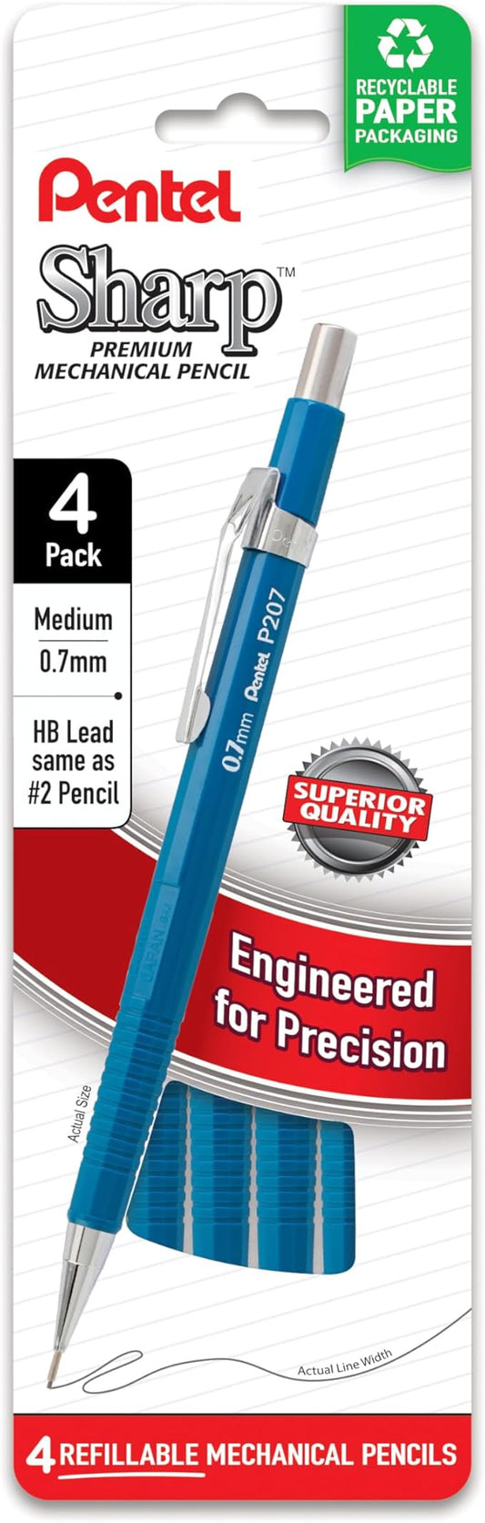 Pentel Sharp Mechanical Pencil, (0.7mm), Medium Line, Blue Barrel, Pack of 4 (P207PF4C)