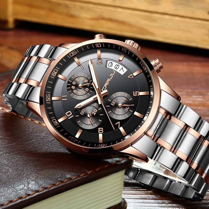 CRRJU Men's Fashion Stainless Steel Watches Date Waterproof Chronograph Wristwatches,Black Steel Band Waterproof Quartz Watch for Men
