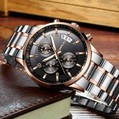 CRRJU Men's Fashion Stainless Steel Watches Date Waterproof Chronograph Wristwatches,Black Steel Band Waterproof Quartz Watch for Men