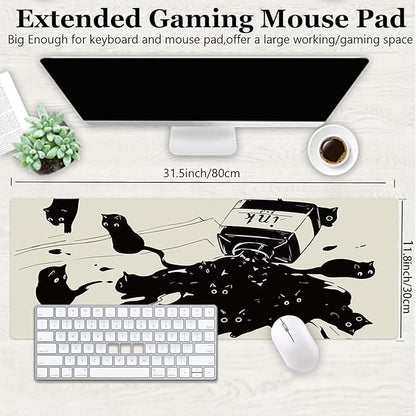 Gaming Mouse Pad XL Extended Anime Mouse Pad 31.5x11.8 inch, Large Cute Kawaii Big Computer Mouse Mat Desk Pad with Non-Slip Rubber Base and Stitched Edge for Home Office-Black Ink Cat