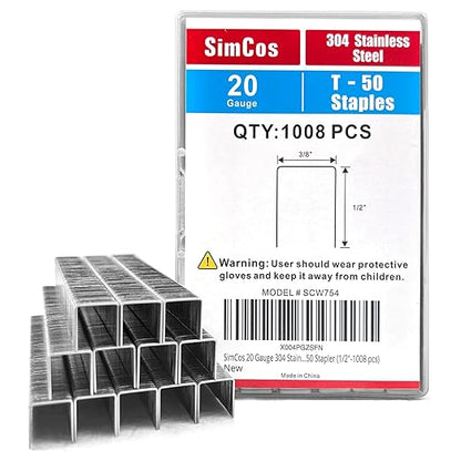 20 Gauge 304 Stainless Steel T/50 Staples - 3/8" Crown Upholstery Staples, 1/4"~9/16" Leg Length, 1008 Counts, Compatible with Staple Gun & T-50 Stapler (1/2"-1008 pcs)