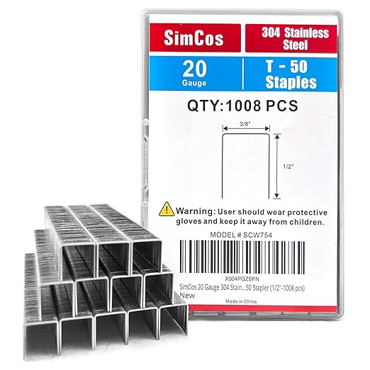20 Gauge 304 Stainless Steel T/50 Staples - 3/8" Crown Upholstery Staples, 1/4"~9/16" Leg Length, 1008 Counts, Compatible with Staple Gun & T-50 Stapler (1/2"-1008 pcs)