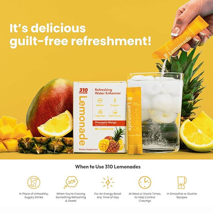 310 Nutrition Sugar-Free Lemonade Water Flavoring Packets - Peach Mango Hydration Powder with Alkalizing Minerals - Low-Calorie Water Enhancer for Energy & Refreshment - 30 Singles - Made in The USA