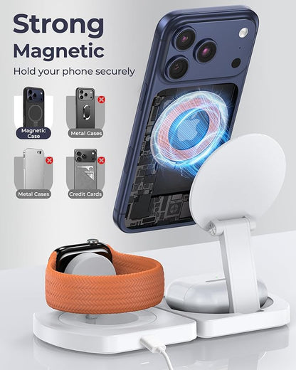 EGV Wireless Charger for iPhone, 3-in-1 Magnetic Charging Station for Apple, MagSafe Charger Stand for iPhone 17 Air 16 15 14 13 12 Series, Airpods Pro, Apple Watch Ultra, Foldable, No Adapter, White