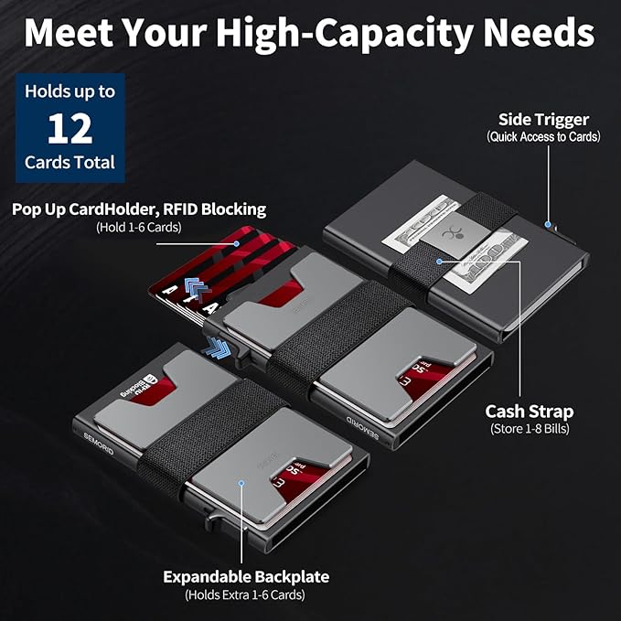 Slim Aluminum Card Holder Wallet for Men, Durable Expandable Backplate, RFID Blocking Minimalist Metal Pop Up Wallet, Holds 12+ Cards Plus Cash