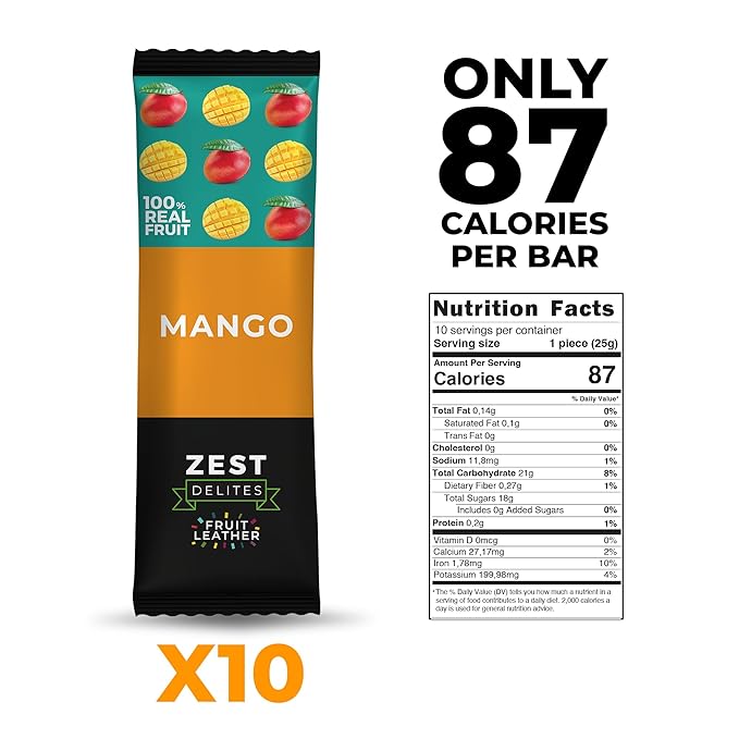Fruit Snacks by Zest Delites, Fruit Leather, Dried Mango Bars, Healthy Snacks for Adults & Kids, No Sugar Added, Apple-Based Mango Strips, 0.88 oz x 10