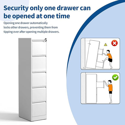 5-Drawer Locking Vertical File Cabinet, Metal Storage Cabinet for Office/Home – Secure Vertical Filing for Letter/Legal/A4/F4 Documents, Easy to Assemble Steel Cabinet (White, 5 Drawer-64 H)