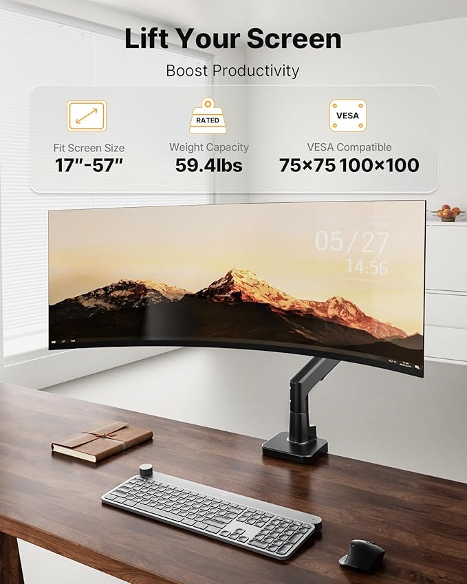 monTEK Sleek Aluminum Monitor Arm for 17–57” Ultrawide Screens up to 59 lbs, Heavy Duty Single Monitor Arm Desk Mount, Pneumatic Lift, Quick-Release Plate, Clamp/Grommet, Max VESA 100x100