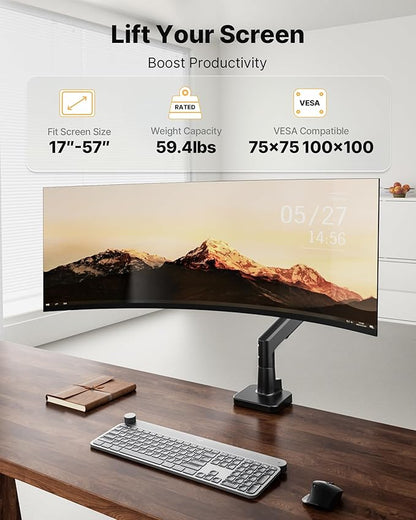 monTEK Sleek Aluminum Monitor Arm for 17–57” Ultrawide Screens up to 59 lbs, Heavy Duty Single Monitor Arm Desk Mount, Pneumatic Lift, Quick-Release Plate, Clamp/Grommet, Max VESA 100x100