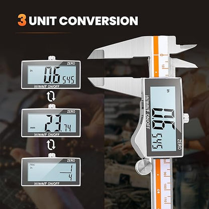HARDELL Digital Caliper 6 Inch, Caliper Measuring Tool with Large LCD Screen, Stainless Steel Caliper, Micrometer Calipers Digital with 3 Backup Batteries, Inch Millimeter and Fraction Conversion