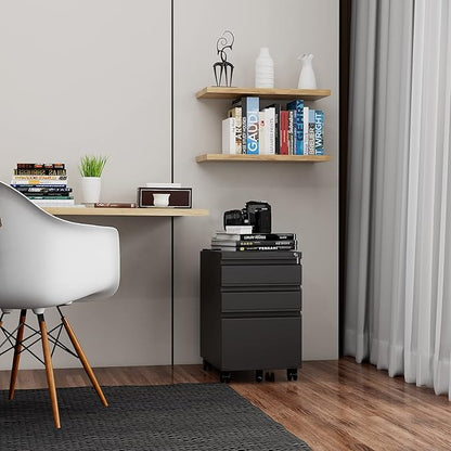 3 Drawer File Cabinet with Wheels, Metal Filing Cabinet with Lock, Office Rolling File Cabinets for A4/Legal/Letter Size, Assembly Required, Black