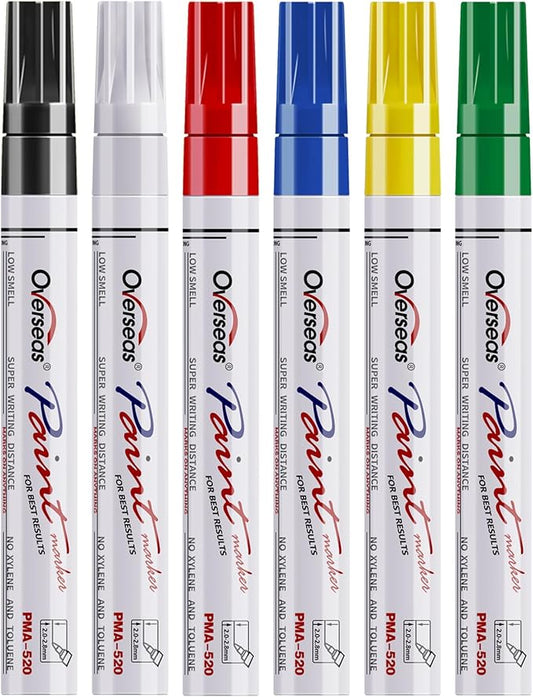 Overseas Paint Pens Paint Markers, 6 Colors Oil Based Permanent Markers, Medium Tip, Quick Dry and Waterproof Assorted Color Marker Pen for Metal, Wood, Plastic, Rock, Canvas, Glass, Rubber