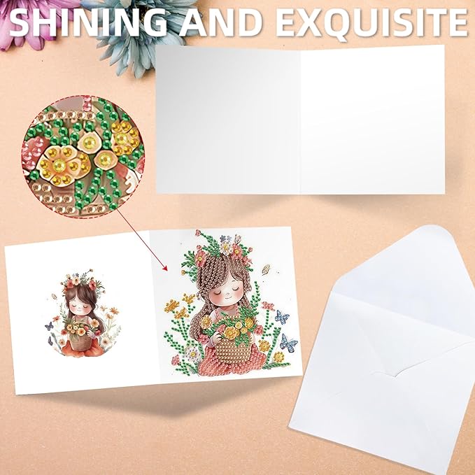 jinglinhh 12pcs Diamond Art Painting Little Girl Flower Bushes Greeting Cards with Envelopes, DIY Card Making Kits for Adults, Diamond Art Christmas Cards for Birthday Holiday Postcards Craft Gifts