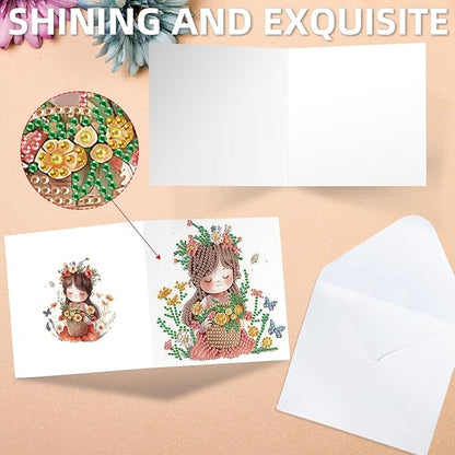jinglinhh 12pcs Diamond Art Painting Little Girl Flower Bushes Greeting Cards with Envelopes, DIY Card Making Kits for Adults, Diamond Art Christmas Cards for Birthday Holiday Postcards Craft Gifts