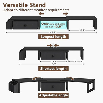 LAND·VOI Heavy Duty Dual Monitor Stand, Holds 2 Screens Up to 27 Inches, Adjustable Length and Angle Monitor Riser, Desk Organizer with Side Pockets and Drawers, Home Office Desk Storage, Black