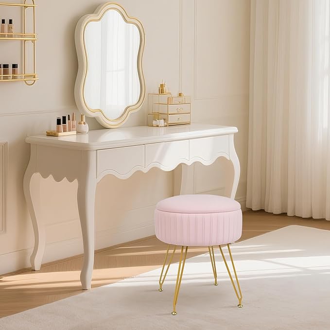 Round Vanity Stool with Storage Ottoman,Vanity Chair for Makeup Room with Removable Cover, Small Footrest Ottoman for Home, Living Room, Bedroom (Pink)