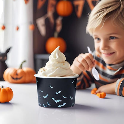 Paper Ice Cream Cups, 50-Count 9-Oz Disposable Dessert Bowls for Hot or Cold Food, 9-Ounce Halloween Party Supplies Treat Cups, Bats, Black and Silver