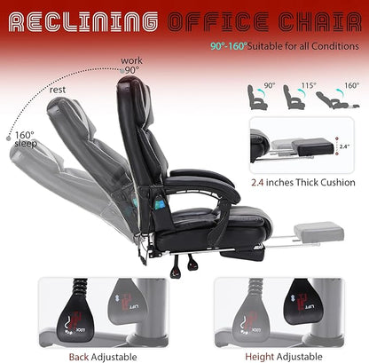 Massage Office Chair with Foot Rest 6 Points Vibration and Heat Home Office Desk Chairs for Heavy People 400lbs Reclining Managerial Chairs Ergonomic Executive Chair (Black)