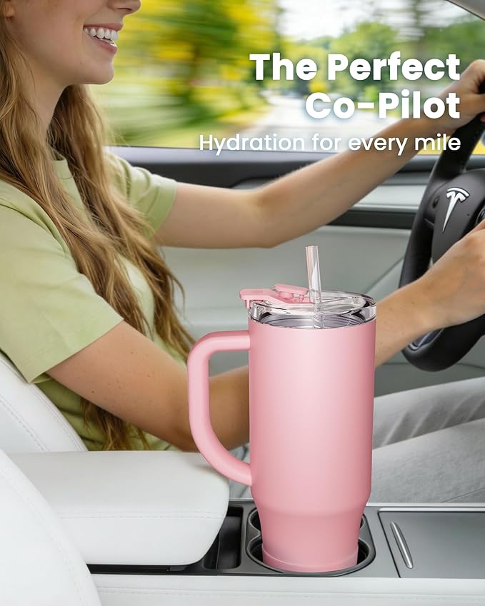 Renoj Tumbler with Handle 100% Leak Proof Insulated Water Bottle for Iced Coffee & Hot Drinks - Fits Car Cup Holder, Ideal Gift, 2 Straws & Silicone Boot BPA-Free - SnapShift Pink 40 oz