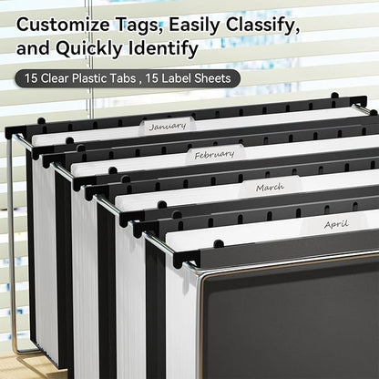 ANSOOK Plastic Legal Size Hanging File Folders, 3 Inch Reinforce Expanding File Folder,12 Pack Black Folders,File Cabinet Folders with Insertable Tabs,Accordion File Organizer for Office Home School