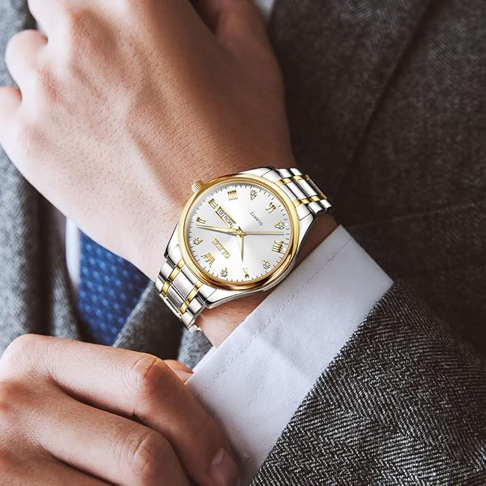 Men's Casual Stainless Steel Watch, Big Face Easy to Read Analog Quartz Watch with Day and Date, Classic Waterproof Diamond Roman Arabic Numerals Dial Dress Watch for Men, Gold Silver Black Band