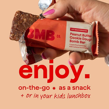 The Bomb Co. Blender Bomb Bar, Peanut Butter Cookie Dough, Superfood Snack Bar for Gut Health, Peanut Butter, Hemp Seeds, Chia Seeds, Flax Seeds, Sea Salt, Aloe Vera, Vegan Chocolate Chips, 9 Bars