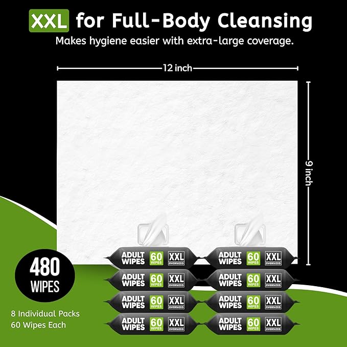 Adult Wipes for Elderly - Thick Extra Large Disposable Washcloths for Adult Bathing & Shower Alternative No-Rinse - Lightly Scented XXL (8 Pack (480 Wipes))