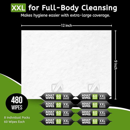 Adult Wipes for Elderly - Thick Extra Large Disposable Washcloths for Adult Bathing & Shower Alternative No-Rinse - Lightly Scented XXL (8 Pack (480 Wipes))