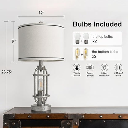 23.75'' Table Lamps Set of 2 for Living Room Bedroom Industrial Farmhouse Metal Touch Lamps with USB A+C Ports, Night Light Vintage Nightstand Bedside Lamp, Bulbs Included, Antique Silver