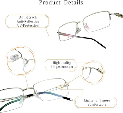 LifeArt Alloy Semi-Rimless Reading Glasses,Blue Light Blocking Glasses, Anti Eyestrain, Computer Gaming Glasses, TV Glasses for Men, Anti Glare (Silver, +3.25 Magnification)