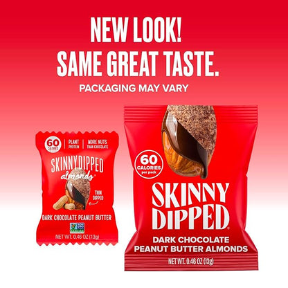 SkinnyDipped Dark Chocolate Peanut Butter Almonds, Healthy Snack, Plant Protein, Gluten Free, 0.46 oz Mini Bags, Pack of 24