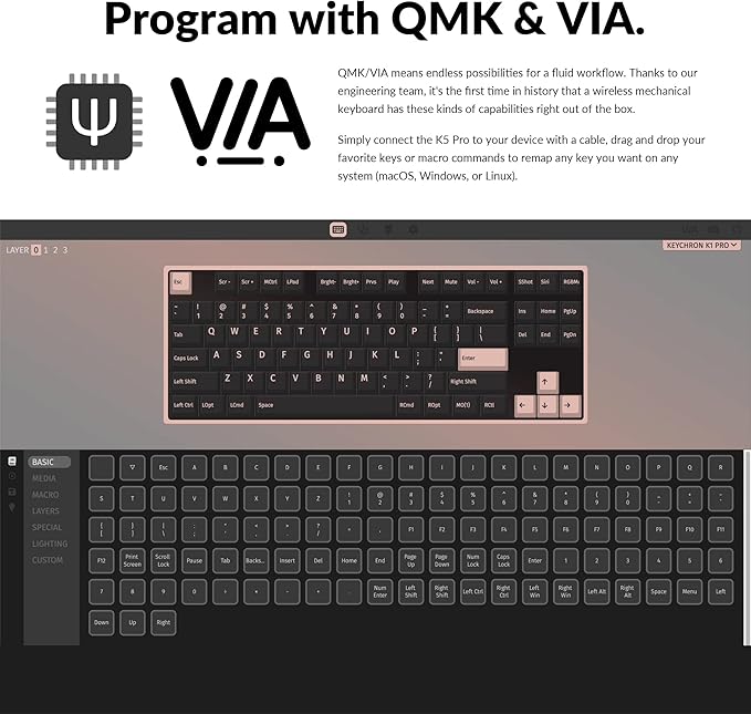 Keychron K1 Pro RGB Ultra-Slim QMK/VIA Custom Bluetooth Wireless/USB Wired Mechanical Keyboard with Low-Profile Gateron Brown Switch, PBT Keycaps TKL Layout Computer Keyboard for Mac Windows Linux