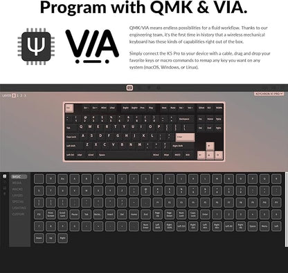 Keychron K1 Pro RGB Ultra-Slim QMK/VIA Custom Bluetooth Wireless/USB Wired Mechanical Keyboard with Low-Profile Gateron Brown Switch, PBT Keycaps TKL Layout Computer Keyboard for Mac Windows Linux