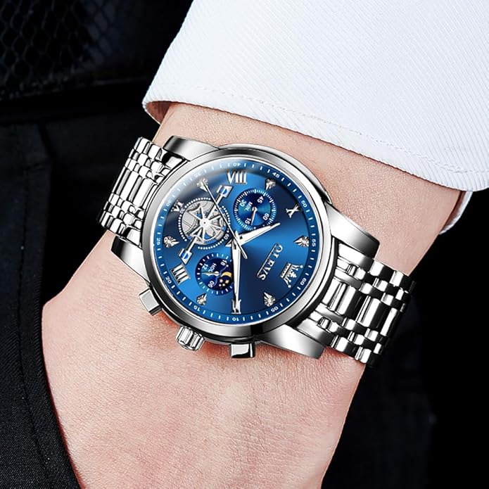 OLEVS Men Silver Watches,Men's Stainless Steel Chronograph Watch,Man Analog Quartz Big Face Male Watches Luxury Waterproof Roman Numeral Dress Diamond Relojes para Hombre