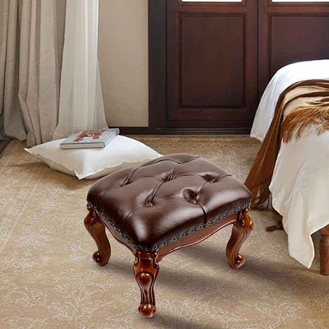 Leather Foot Stool,Vintage Footstools,Wooden Footrest,Upholstered Foot Rest for Living Room,Sofa,Entryway,Solid Wood Stool (Cherry)