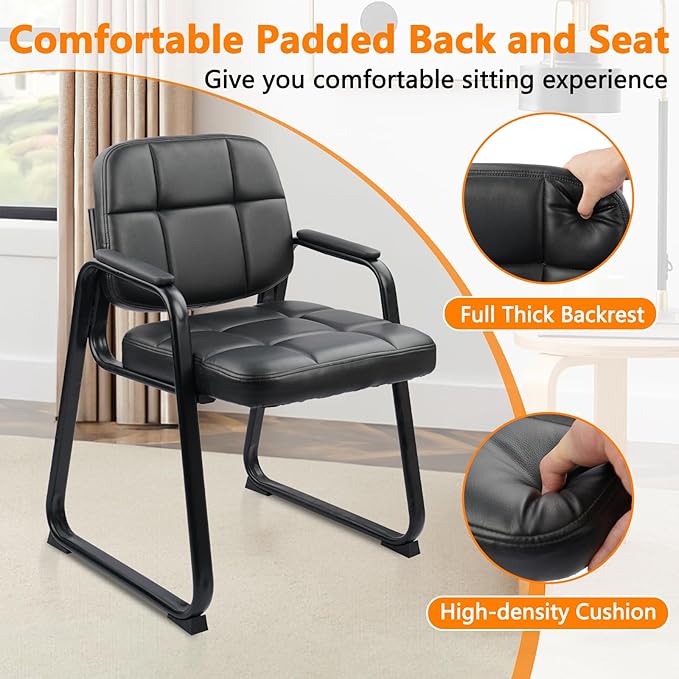 CLATINA Waiting Room Guest Chair with Bonded Leather Padded Arm Rest for Office Reception and Conference Desk Black with Sled Base 4 Pack