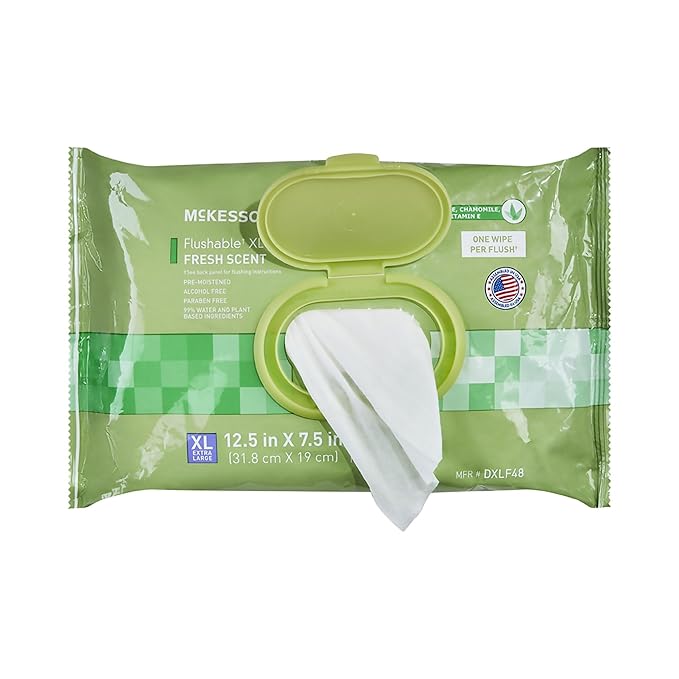 McKesson Flushable* Adult Wet Wipes XL – 48 Wipes (1 Pack of 48) – Aloe & Vitamin E, Plant-Based Cleansing Wipes, Scented, Extra Large