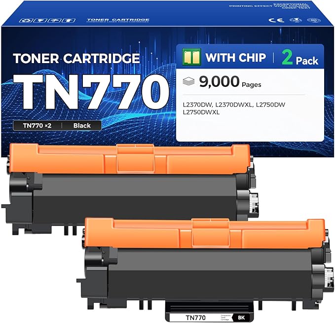 TN770 Toner Cartridge Black 2-Pack High Yield with chip Replacement for Brother TN-770 TN770 Toner Compatible with Brother HL-L2370DW HL-L2370DWXL MFC-L2750DW MFC-L2750DWXL Printer Ink All-in-One Copy
