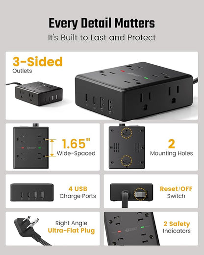 25Ft Long Extension Cord, Flat Plug Power Strip Surge Protector, 8 Outlet 4 USB Ports (2 USB C), Wall Mountable, Desk Charging Station for Home Office, College Dorm Room Essentials (Black)