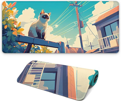 Anime Cute Cat with Sky Backgound Gaming Mouse Pad with Non-Slip Rubber Base, Large Kawaii Mousepad with Stitched Edges, Long Keyboard Mat for Laptop and Mouse, 31.5 x 11.8 inches