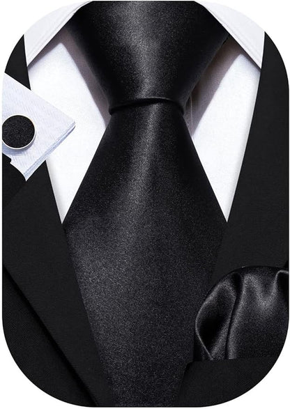 Barry.Wang Tie Sets for Men Silk Solid Necktie Stain Ties Handkerchief Pocket Square Cufflinks Wedding Business Dyed