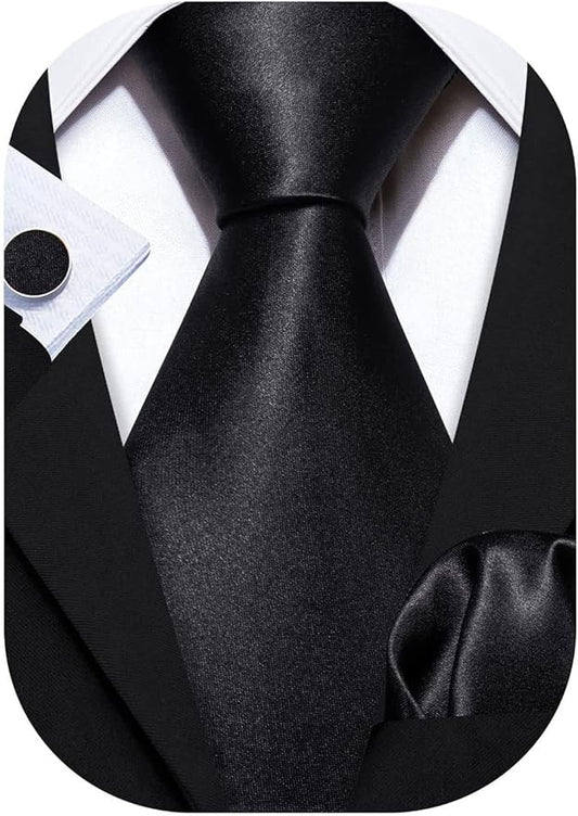 Barry.Wang Tie Sets for Men Silk Solid Necktie Stain Ties Handkerchief Pocket Square Cufflinks Wedding Business Dyed